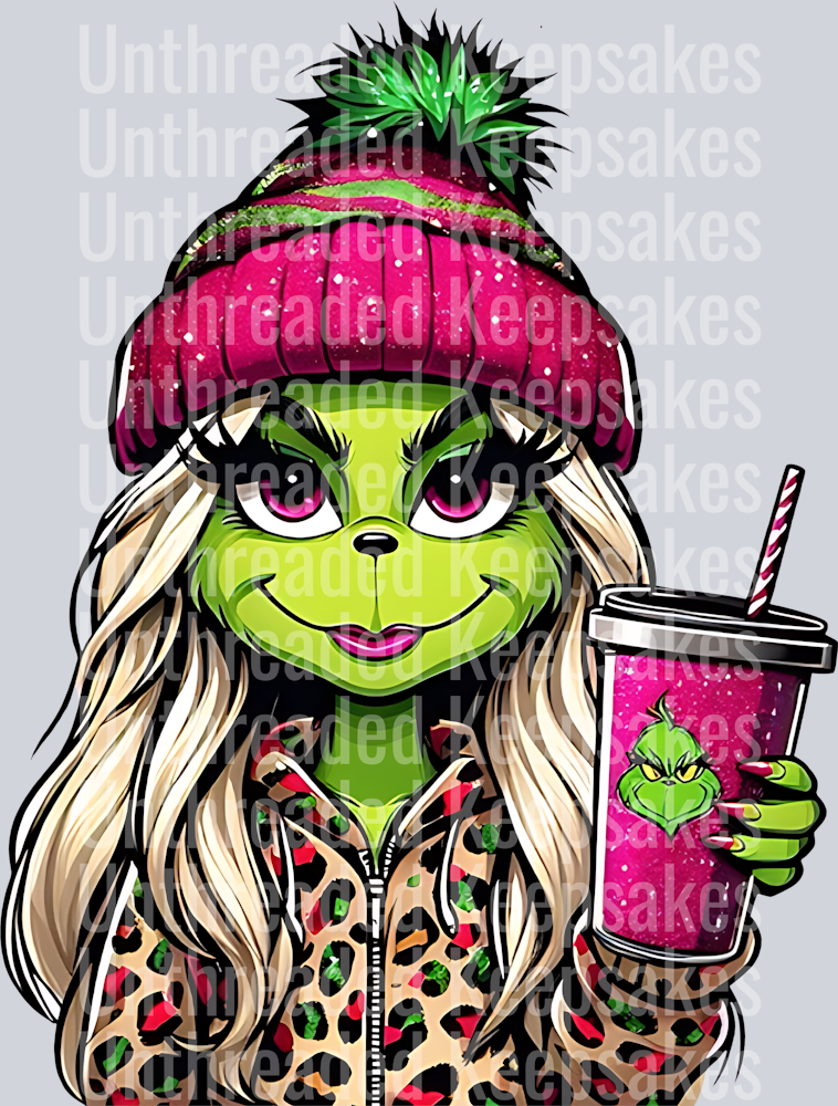Glitter Girl Grinch Cute Coffee DTF Transfer