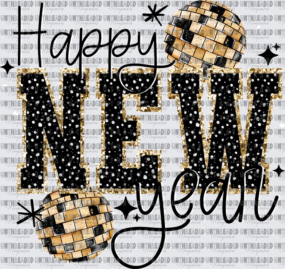 Happy New Year Gold Black Glitter Letters Disco Balls