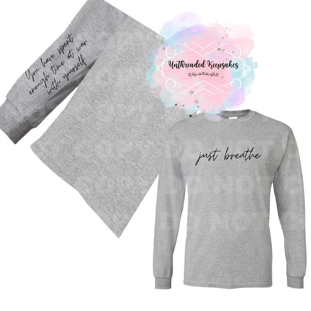 Just Breathe Motivational Gray/Black Graphic Long Sleeve Shirt