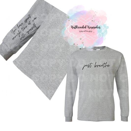 Just Breathe Motivational Gray/Black Graphic Long Sleeve Shirt